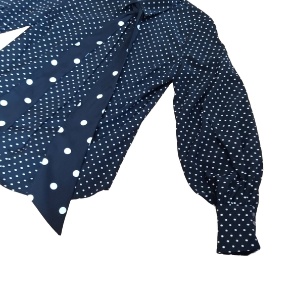 Vintage 80 Chic Black And White Blouse with Polka Dots and Bow. Billowy Sleeves - Picture 3 of 5